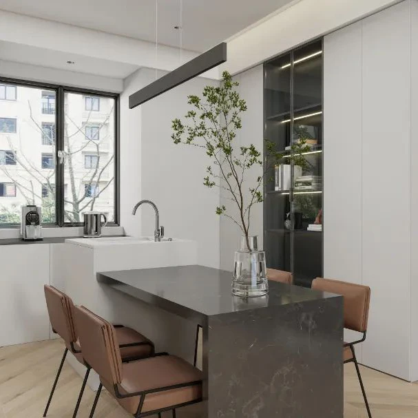 Melinco High Rise Apartment TV Cabinet Blending with Accent Wall and Balcony Door View Apartment Cabinet