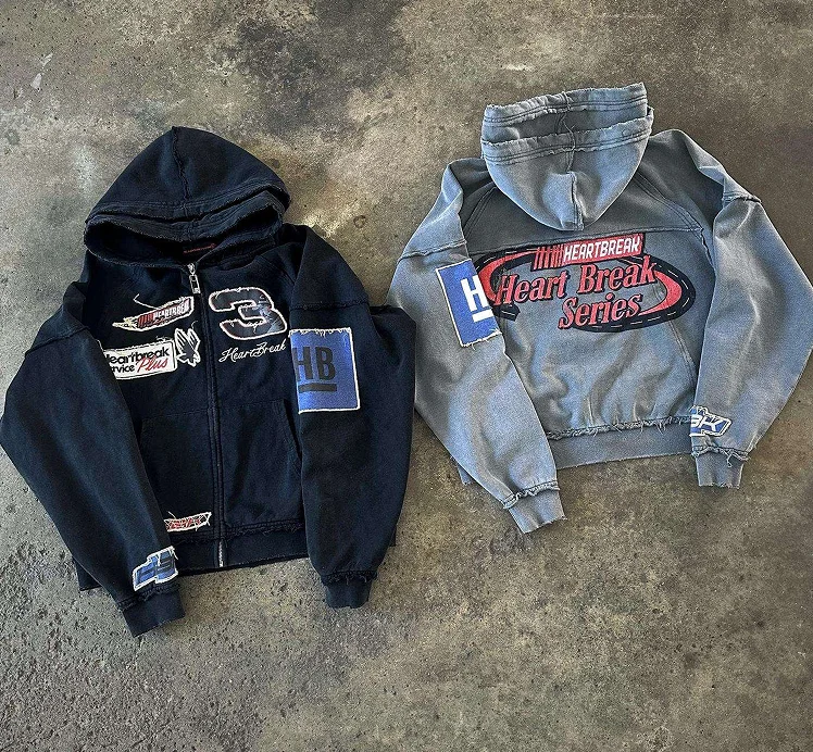 High Quality Wholesale Autumn Custom Printed Zip up Distressing Embroidery Acid Wash Double Hood French Terry Hoodie for Men gallery 7