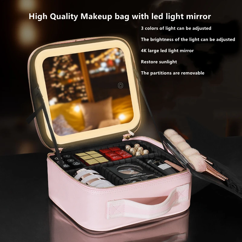 Makeup Bag With Led Mirror Large Capacity Travel Portable Cosmetic ...