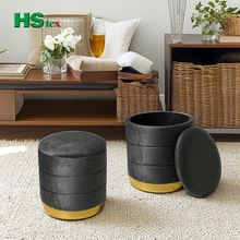 HStex Velvet Round Seated Ottoman With Gold Stainless Steel Base Stool