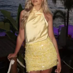 9980 Ladies Fashion Sexy Two Piece Skirt Set Boutique Street Wear Women Halter Satin Tops and Sequin Mini Skirt 2 Piece Set