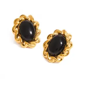 New Arrival 18K PVD Gold Plated Stainless Steel Drop Stud Earrings Black Agate Texture Stone Trendy Jewelry