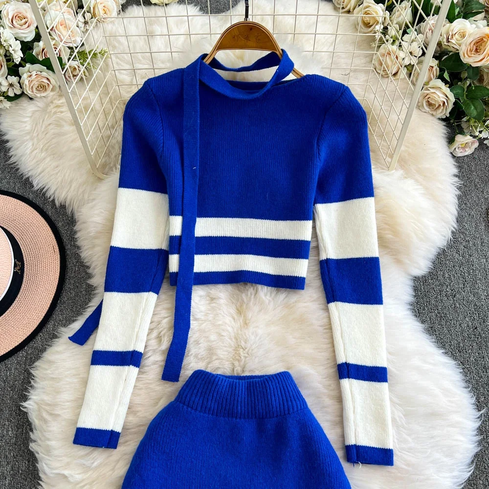 Blue Christmas Patchwork Knit Crop Top Set for Women Winter