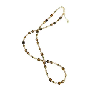 Natural tiger Eye Stone Brown Beaded Necklace for Women High-end Retro Fashion All-match Necklace Sweater Chain