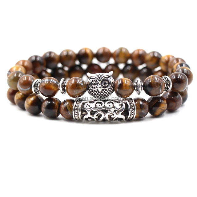 Tiger's eye stone, owl elbow fashion bracelet set, crystal therapeutic bead bracelet, semi-precious stone handicraft gifts.