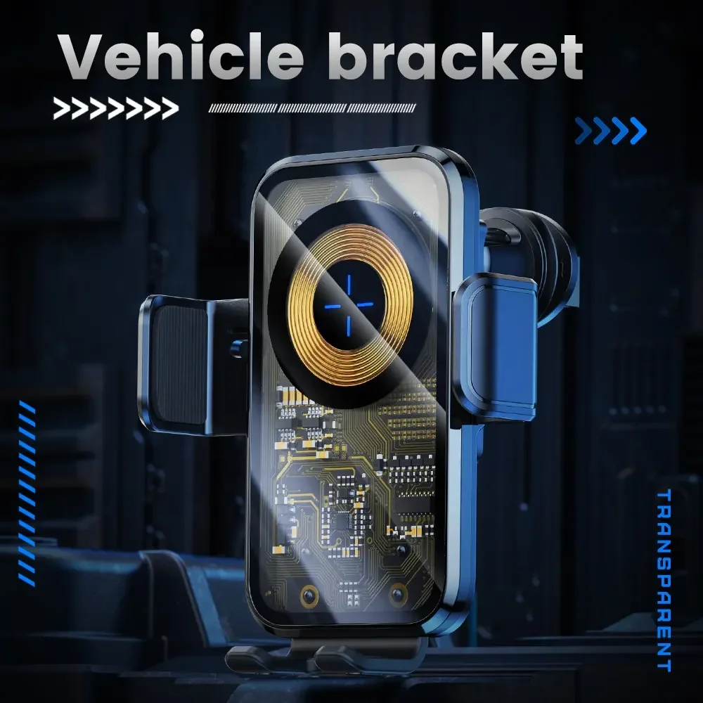 Cyber Punk Smart Touch Sensor Automatic Clamp 15W Fast Charger Transparent Car Air Vent Phone Mount Clip Holder Wireless Charger