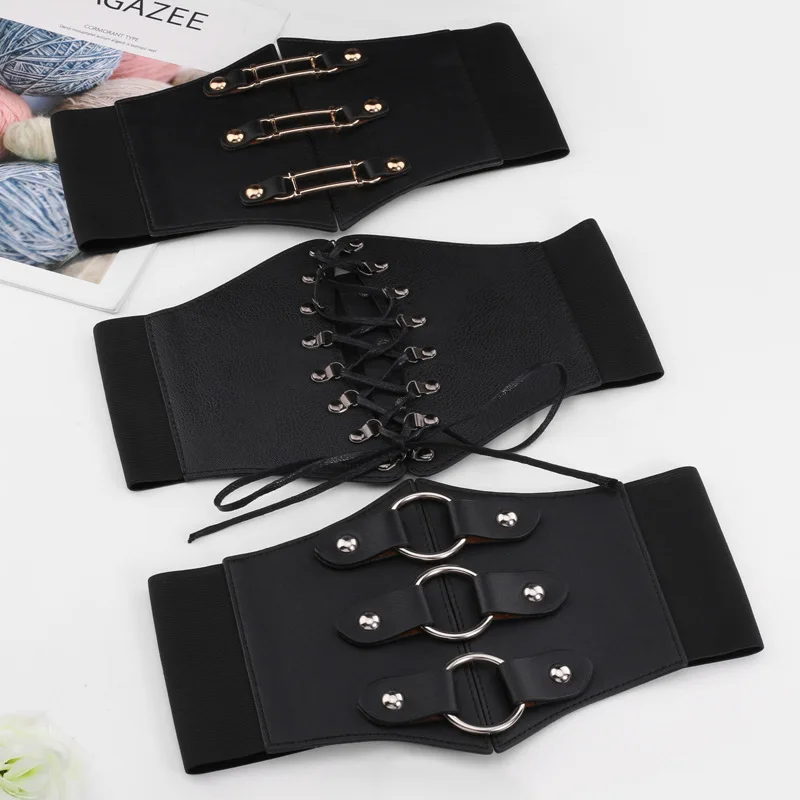 8716 Leather Stretchy Wide Corset Waist Belt,black Waspie Skinny Buckle DTWAWA Black Corset Belts for Women, Wide Elastic Tied  main image 3