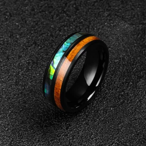 Customized 8mm Black Titanium Steel Rings Abalone Shell Koa Wood Mens Tungsten Wedding Bands