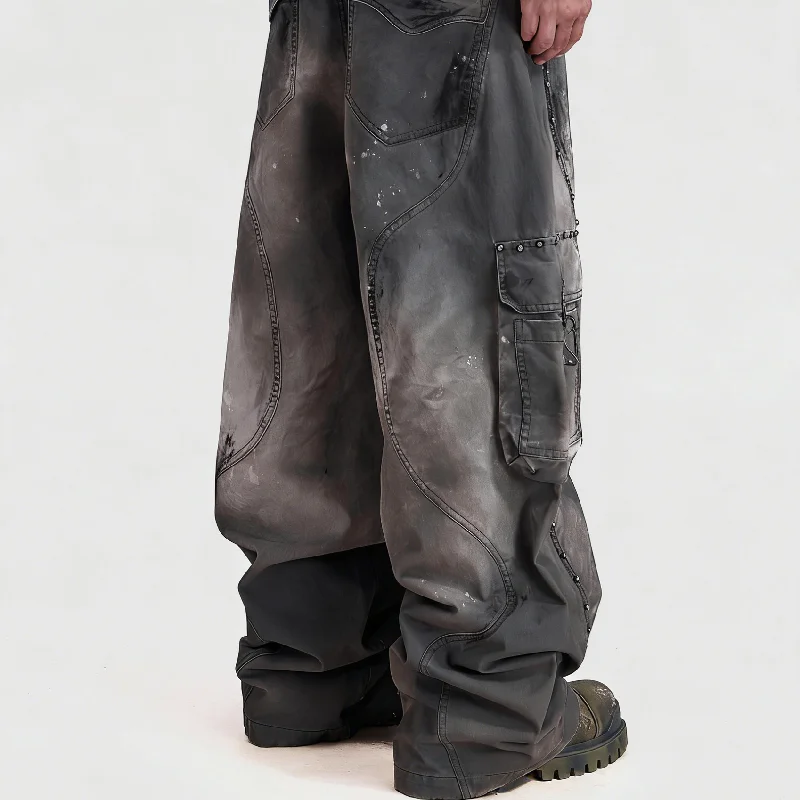 Men's High Street Style Custom Fit Vintage Wash Multi Pocket Jeans Metal Studs Hip Hop Stretch Ripped Denim Streetwear gallery 2