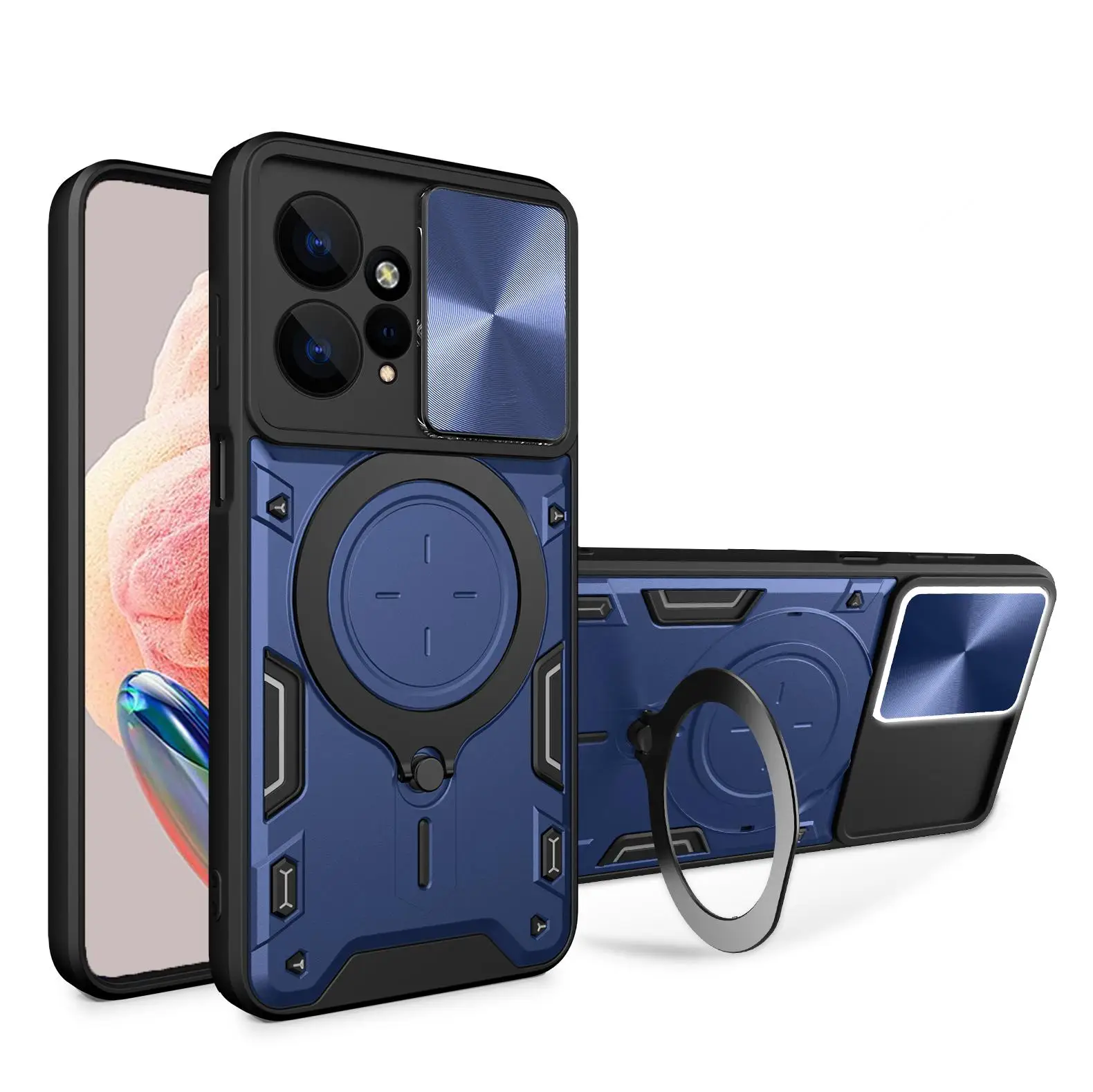 Funda Tipo Armadura Con Anillo Soporte Para Redmi 12C / 11A (6.71") – Cubierta Deslizante Para Lente, Protección Antipolvo, Color Azul