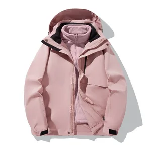 Unisex Coated Soft Shell Three-in-One Waterproof Windproof Windbloc Stand Collar Zipper Button Thick Loose Fit Autumn Winter