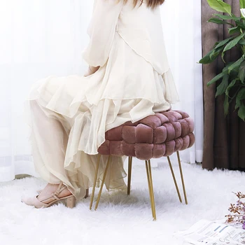 HStex 2021 Velvet Stool Tufted Soft Ottoman Round Stool Pouffe Ottoman Footstool Chair Foot Stool