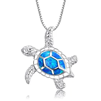 New Fashion Cute Silver Filled Blue Opal Sea Turtle Pendant Necklace For Women Female Animal Wedding Ocean Beach Jewelry Gift