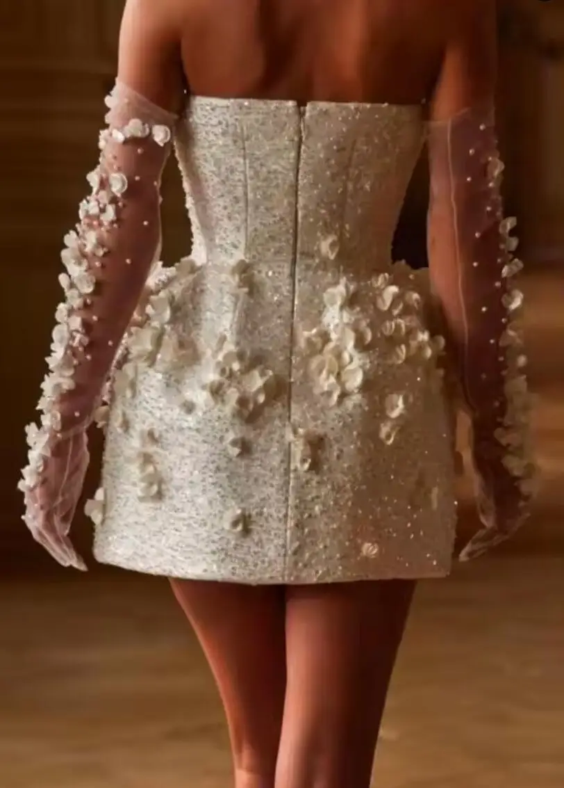 2025 New Beaded Lace 3D Floral Embroidery Wedding Dress Strapless Sheath  Corset Mini Bridal Gown with Detachable Long Sleeves