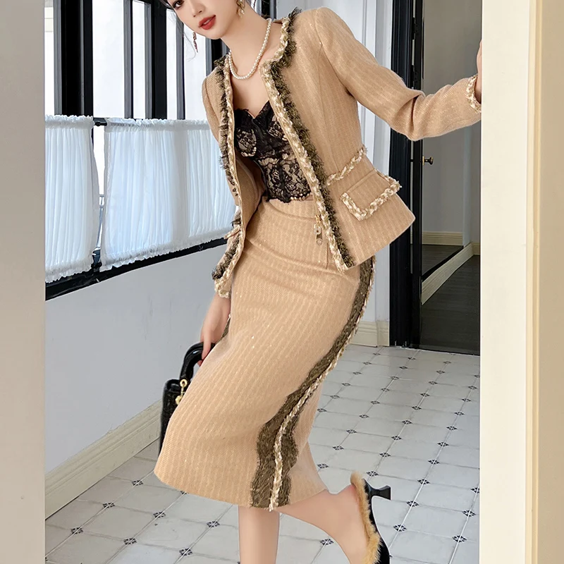ZYHT 20951 Two-piece Tweed Coat Bag Hip Half Skirt Suit Set Outfit Long  Sleeves Blazer and Midi Skirt Women Suit