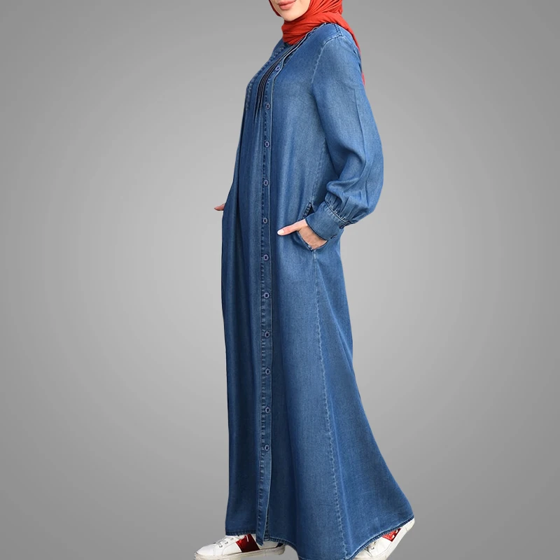 Denim Dress Factory Wholesale Long Sleeve Islamic Clothing New Model Solid Color Muslim Kebaya Dress Plus Size Dubai Abaya