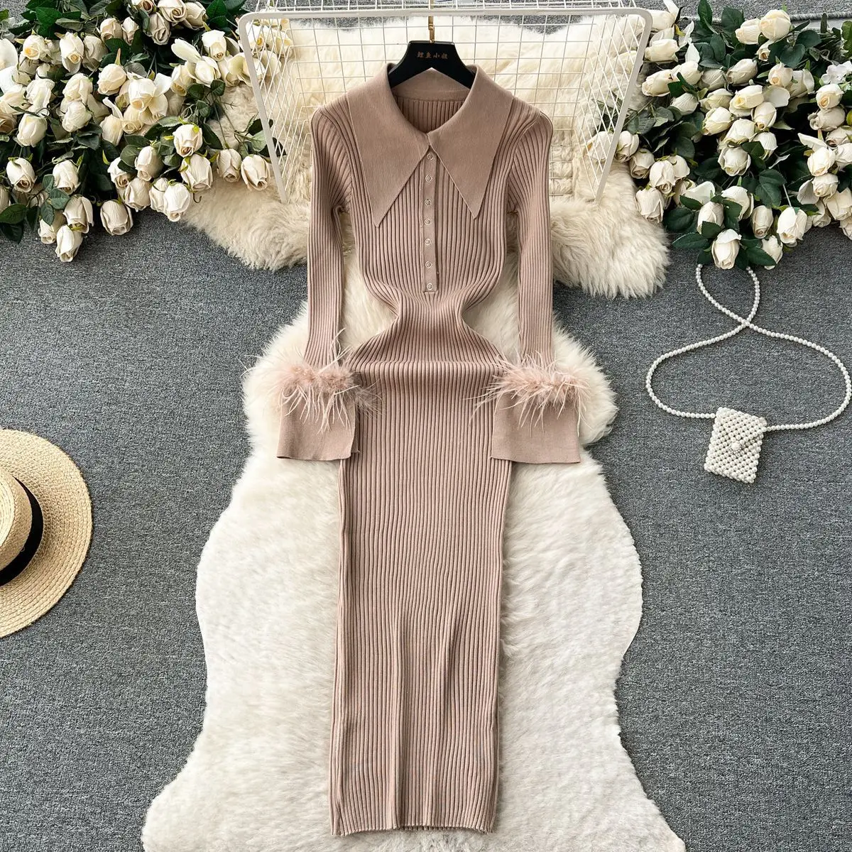 Autumn Winter 2023 Elegant Fur Long Sleeve Knitted Sweater Dress