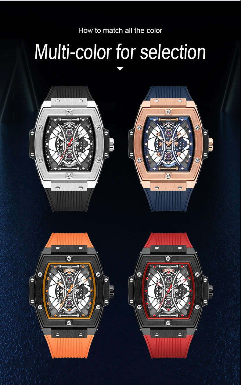Megir 8109G 8109 Silicone Band Watch for Men Fashion Tonneau Clock Unique Dial Quartz Waterproof Luminous Chronograph Wristwatch