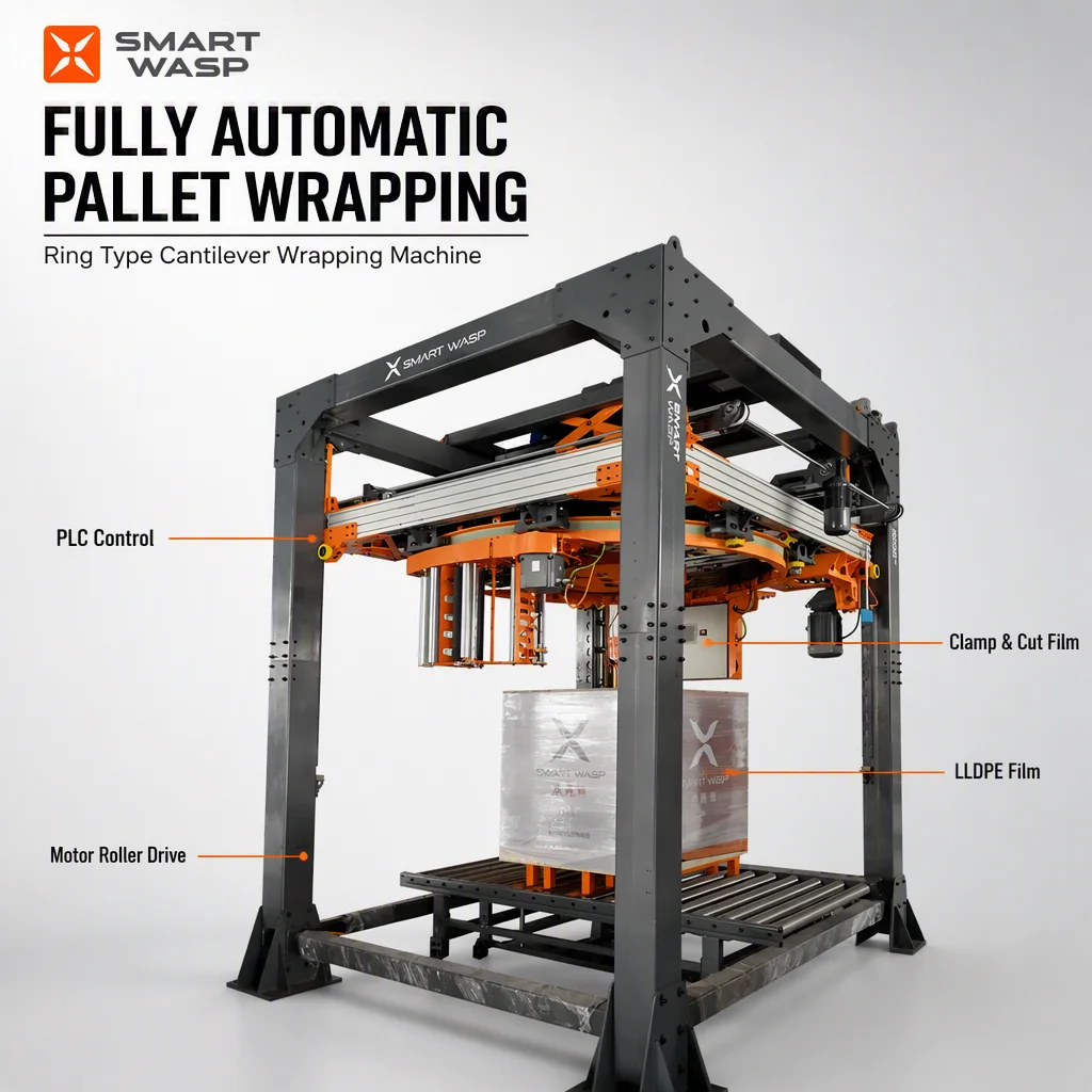 Máy quấn pallet thực phẩm và đồ uống tự động hoàn toàn năng suất cao kiểu vòng đòn bẩy với các bộ phận lõi bánh răng