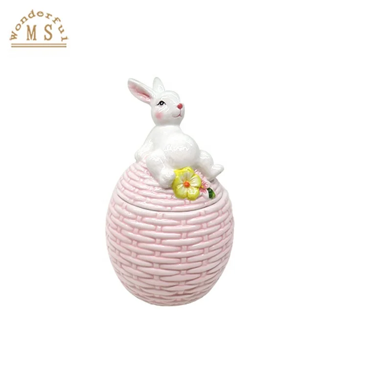 Ceramic Egg Bunny Canister Embossed Flower Rabbit Spring Kitchen Decoration