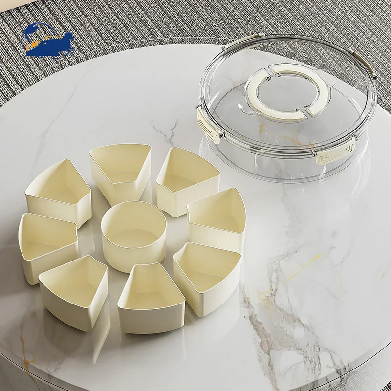 Large Capacity Portable Transparent 6-Compartment Spice Storage Box with Lid and Handle Rotating Kitchen Fruit Tray