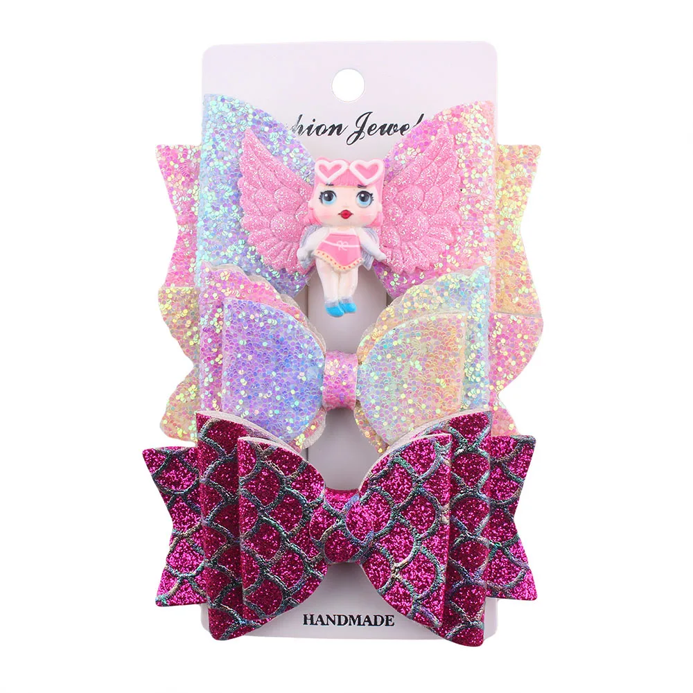 12 pieces Baby Girl Kid Sequins Doll Ribbon Hair Bow Alligator Clip Hairpin 3.5" 