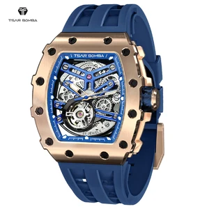 For Sale High Quality Fashion Watch Tonneau Case Miyota Movement Skeleton Dial Luxury Automatic Men Silicone Band