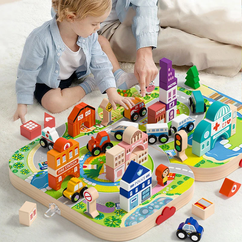 卸売 カスタム木製教育玩具 都市型トラック建築ブロック 形状知能 大粒建築ブロック 子ども向け