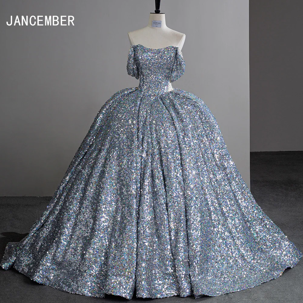 Silver Sequin Court Train Ball Gown Off the Shoulder Princess Evening  Dresses Sfy23