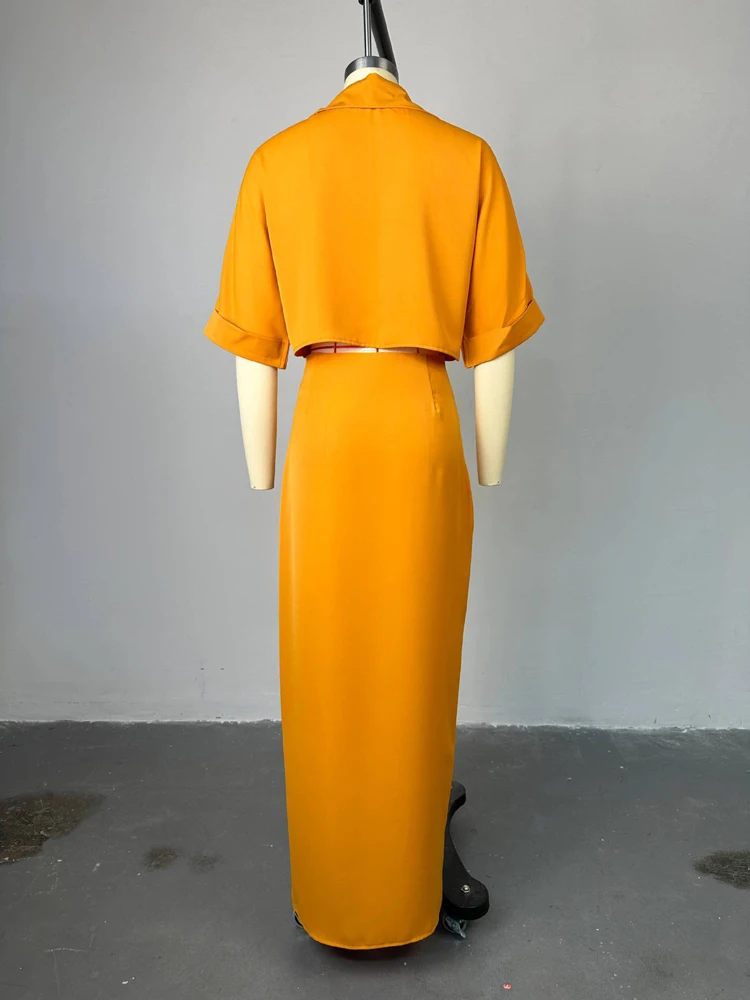 Latest Design Skirt Set Polo Collar Short Shirt Top and Long Split Skirt Set 2 Two Piece Summer Outfits for Women 2024 Elegant