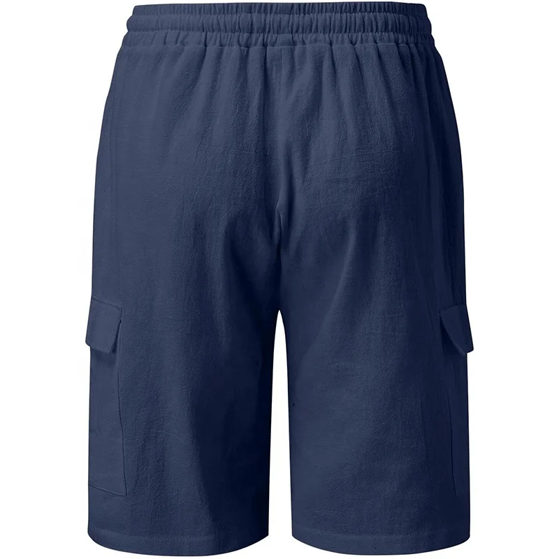 Mens Cotton Linen Cargo Shorts White Multi Pocket Hawaiian Short Pants  Summer Drawstring Beach Trousers Khaki Shorts