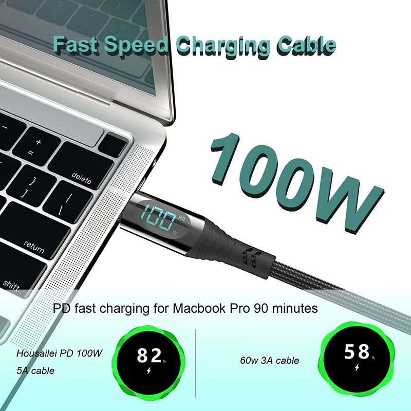 PD 100W 66W Nylon Braided USB-Type C LED Display Charger Data Cable 5A Fast Charging PVC Jacket USB C Phone Fast Charging Cable