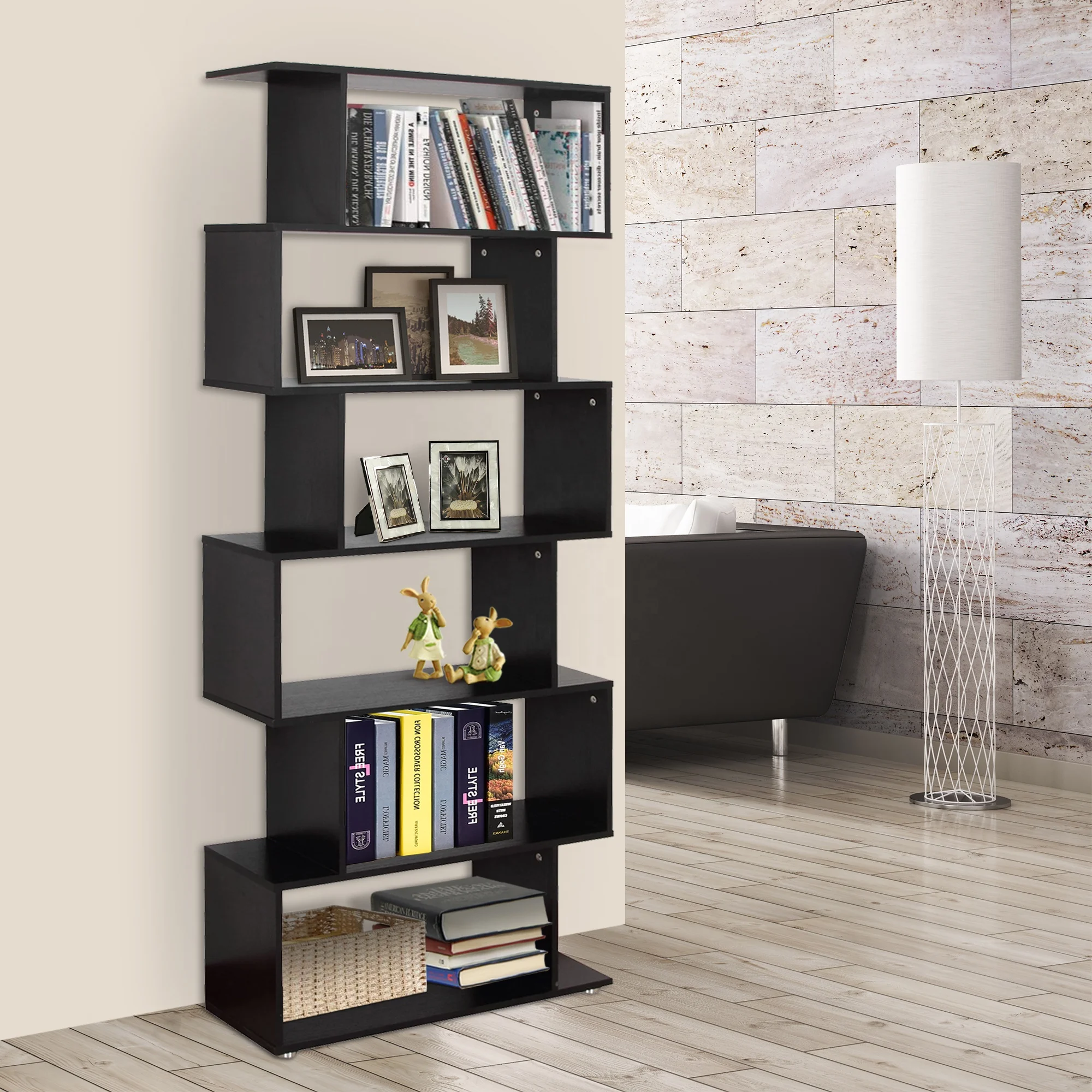 Black Bookshelf Asymmetrical Shelf Bookcases Wooden Cabinet Book Shelf Warehouse Book Shelves for Library