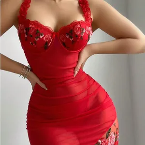 2026 Spring Sexy Sheer Strapless Empire Waist Anti-Static Slim Fit Bodycon Party Embossed Dress with Custom Logo