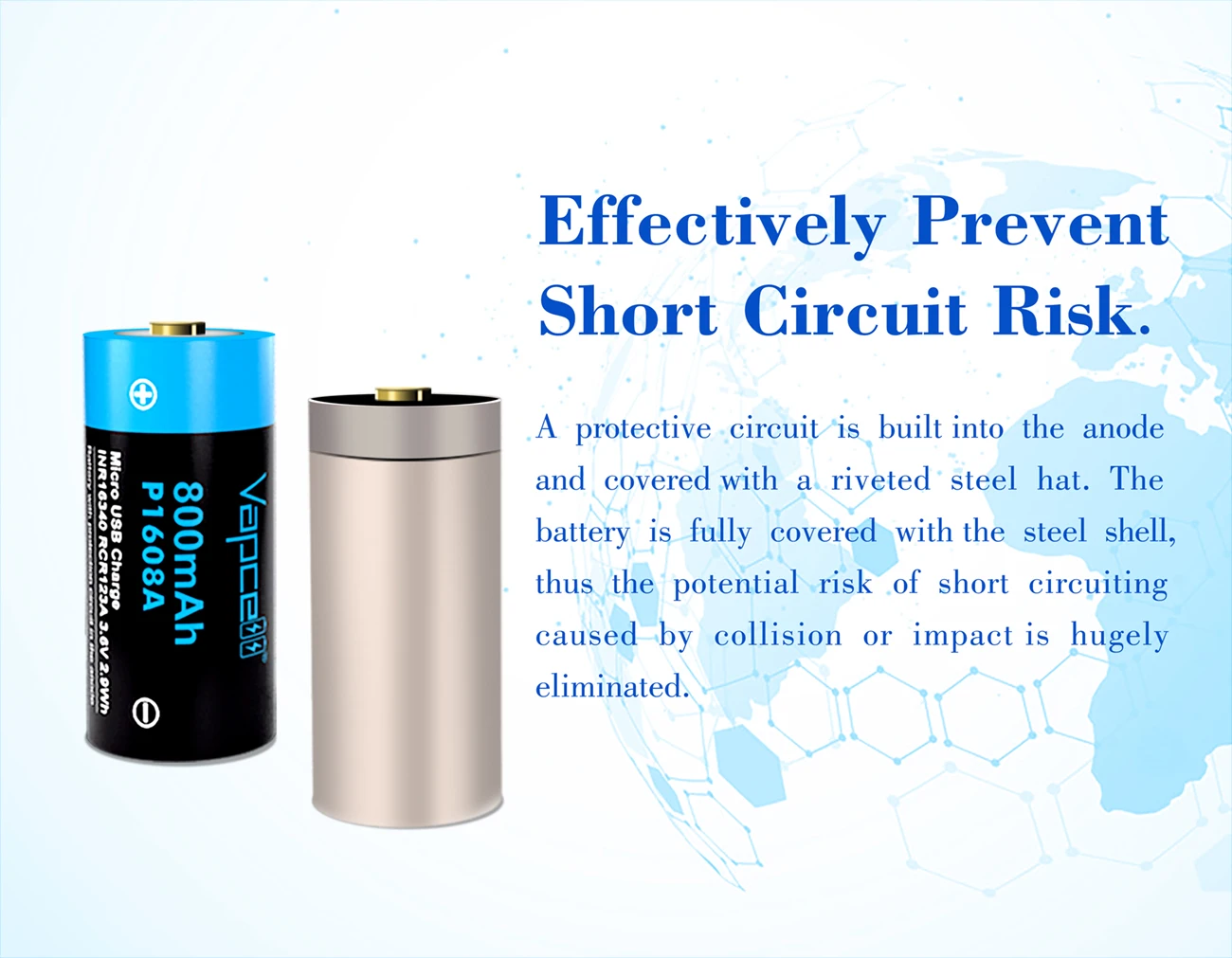 P1608A Vapcell 16340 USB Rechargeable Batteries - High Capacity 800mah