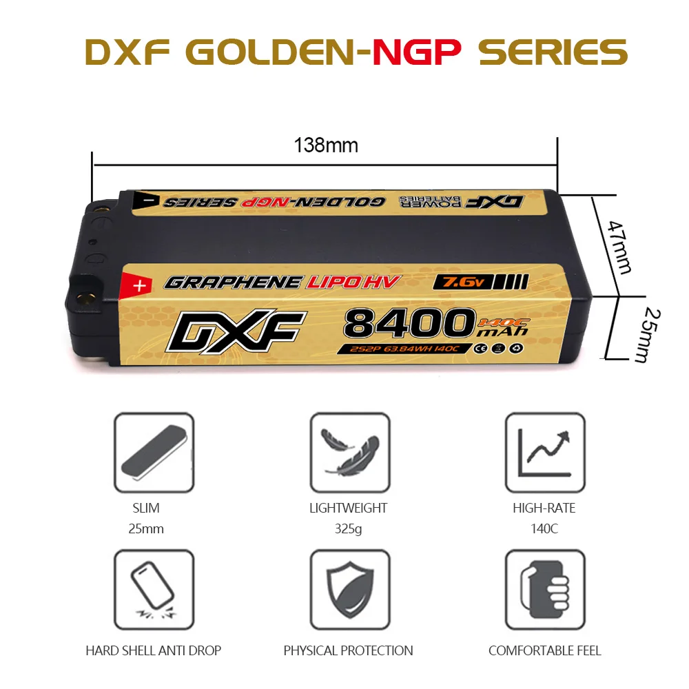 2 batteries LiPo DXF 2 Packs 2s 7,6 V 8400 mAh 140C 5 mm Deans/T Golden NGP pour la fabrication de modèles réduits RC à l'échelle 1/10 à 1/8_voghion.com