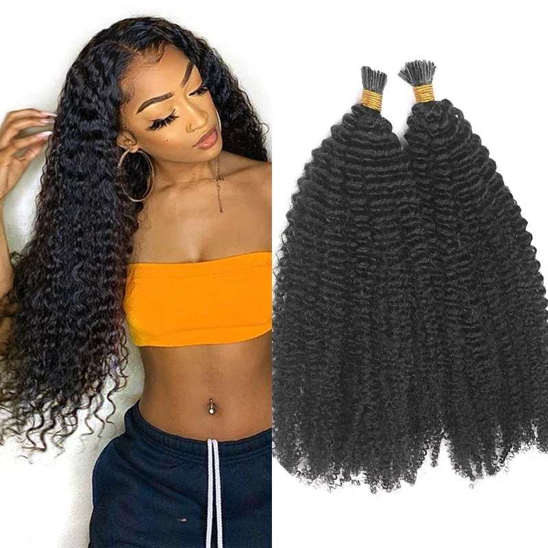Mongolian Remy I Tip Hair Extensions Afro Kinky Curly Pre Bonded Microlinks Fusion Natural Color_voghion.com