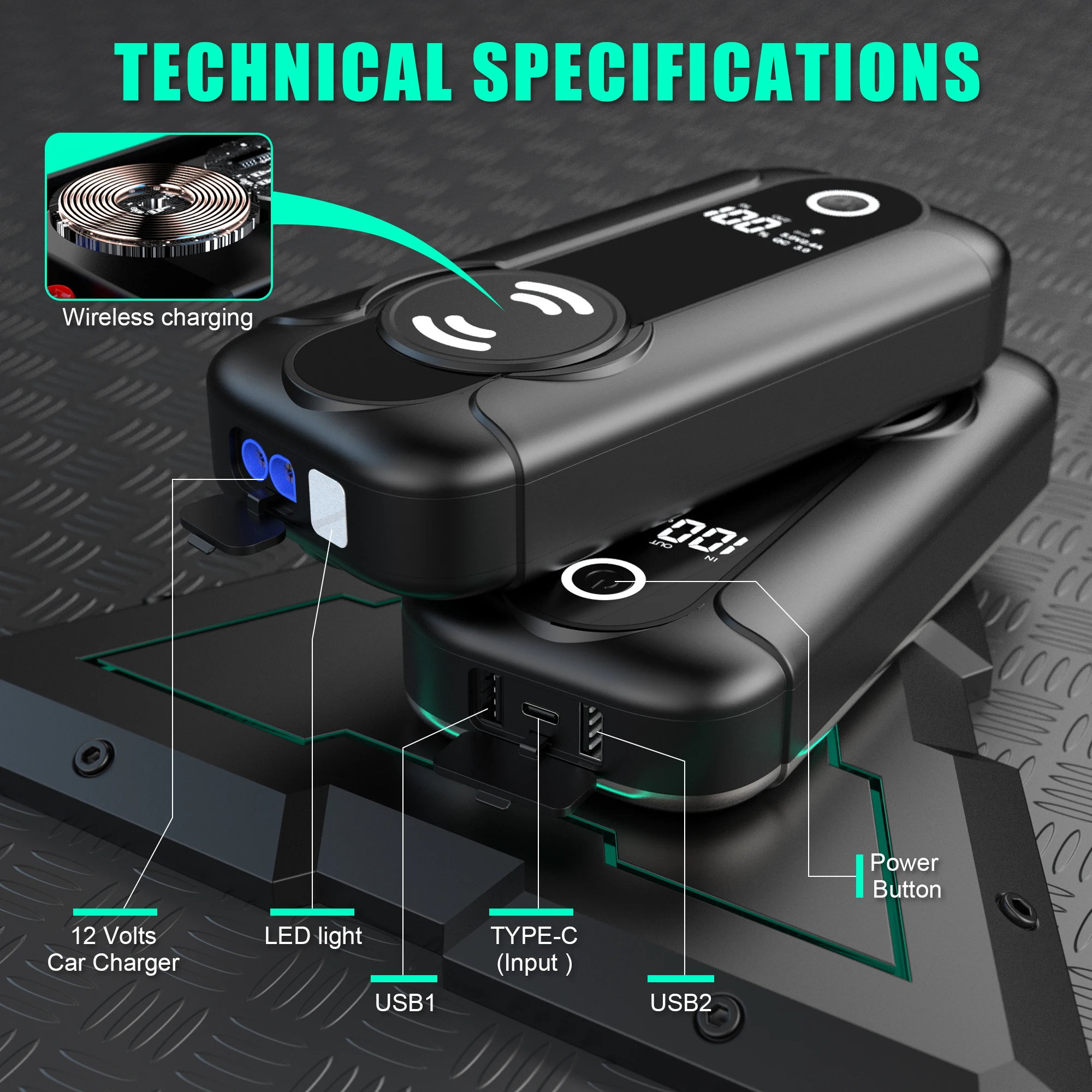 Multifunctional 12V/24V Truck Car Battery Jump Starter Power Bank 2000A SOS LED Light Wireless Charging Winter Cold Start Rescue