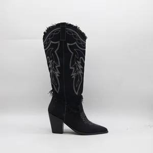 BUSY GIRL HQ1159 Custom Cowboy Boots Women's Black Western Cowboy Boots with Intricate Embroidery Fringe Pointed Toe Block Heel