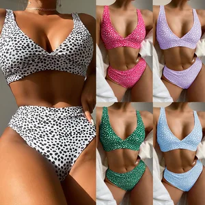 V Neck Polka Dot Print High Waist 2-Piece Set Removable Padded Big Size Black and White Bikini for Plus Size Women