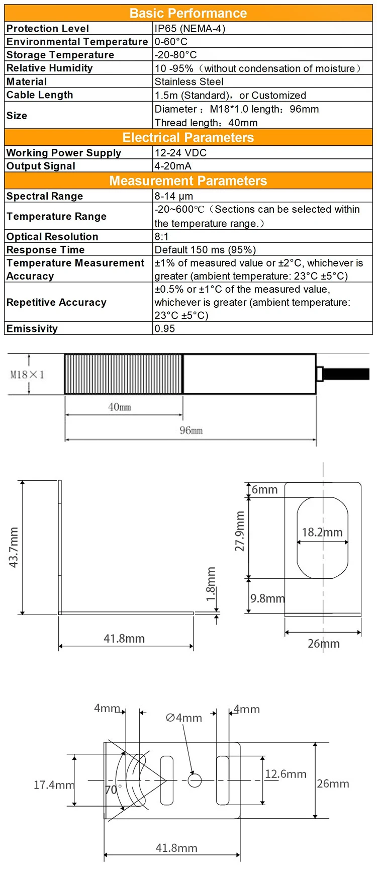 KASINTON JSD15AV 0~150℃ 4-20mA Microwave Resistance IP65 Digital Infrared Temperature Sensor details