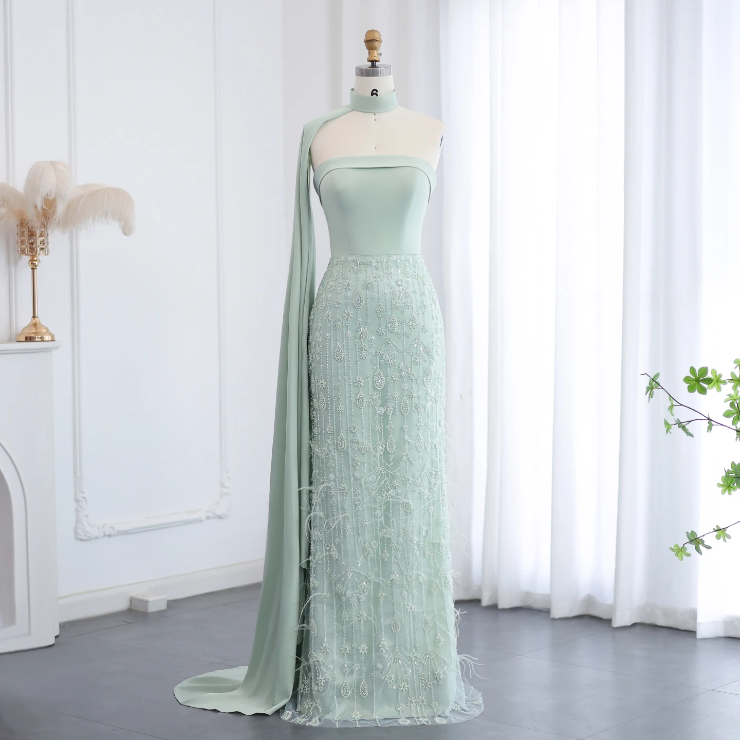 Sharon Said SS014 Luxury Evening Dress - Sage Green Pearls