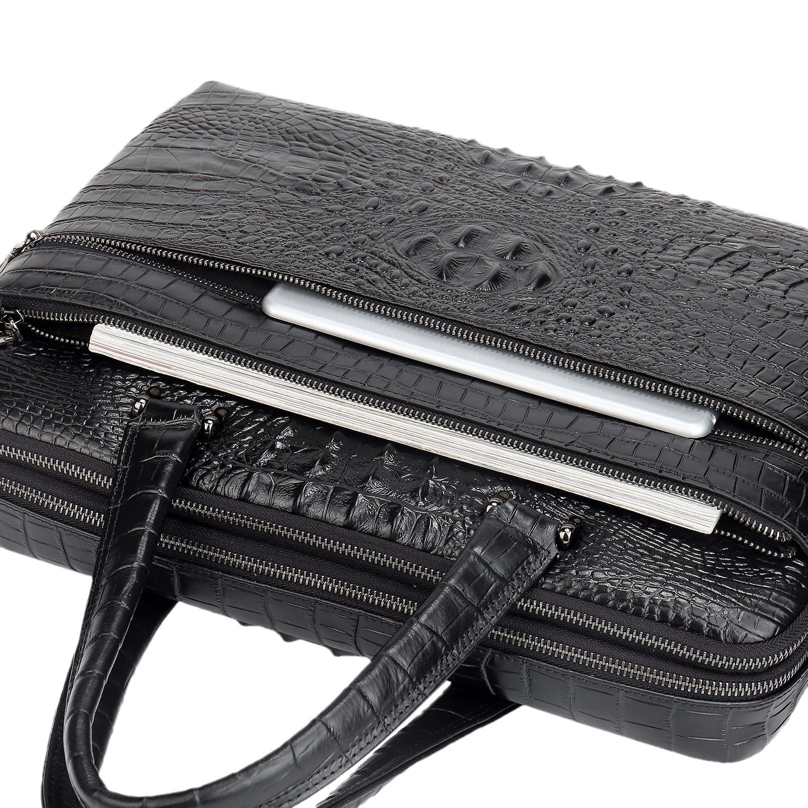 Real Cow Leather Cowhide 15.6 Inches Case Office Business Bag Black alligator crocodile Print Leather Computer Laptop Briefcases