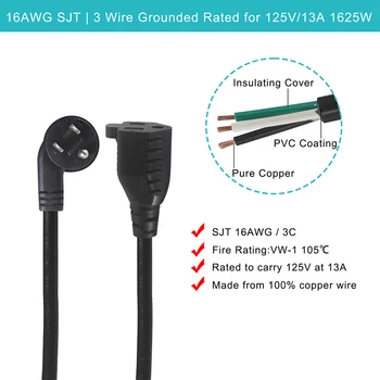 16AWG NEMA 5-15P 電気ケーブル 90度直角 USA 3ピン プラグ オス-メス