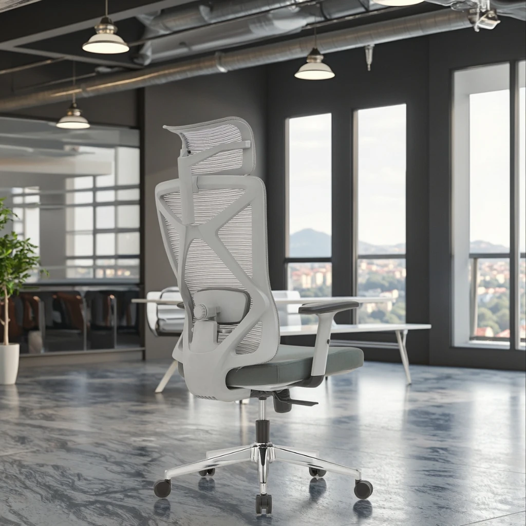 Office Chair with Dual-Layer Mesh Backrest Height Adjustable Lumbar Support PU Armrests High Back Design for Professionals 5