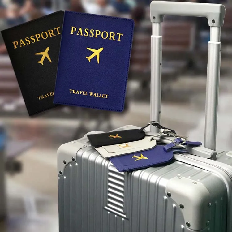 Momowin Set Protège Passeport Et Étiquette Valise - Pochette PU Anti-Vol Bleu Clair