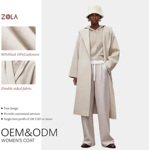 Women's High Quality Handmade Eco-Friendly Double-Sided Cashmere Woolen Coat with Winter Long Hood Belt Closure and Pockets