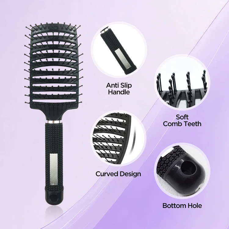 Factory Direct Sale Curved Vented Detangling Hair Brush Hair Scalp Massage Comb Hollow Design Bristle Nylon Hairbrush