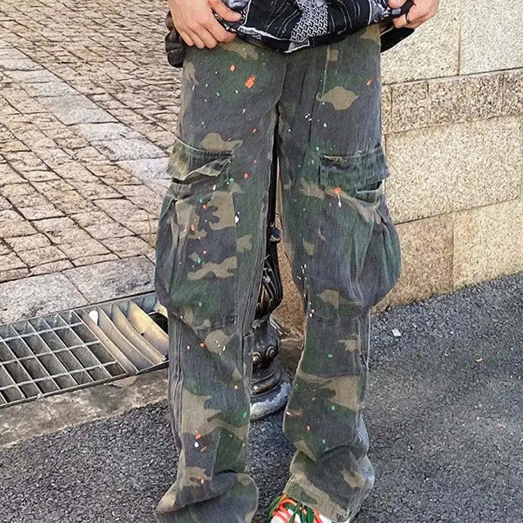 Men's Custom Printing Straight Leg Camo Cargo Pants Lightweight Mid Waist Elastic Closure Casual Oversize Style