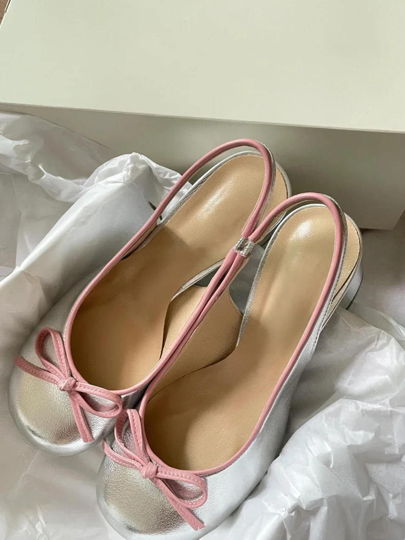 Fashion Ladies Sheep Leather Silver Slingback Pumps Round Toe Elegant Chunky Heels Women High Heels - Image 4